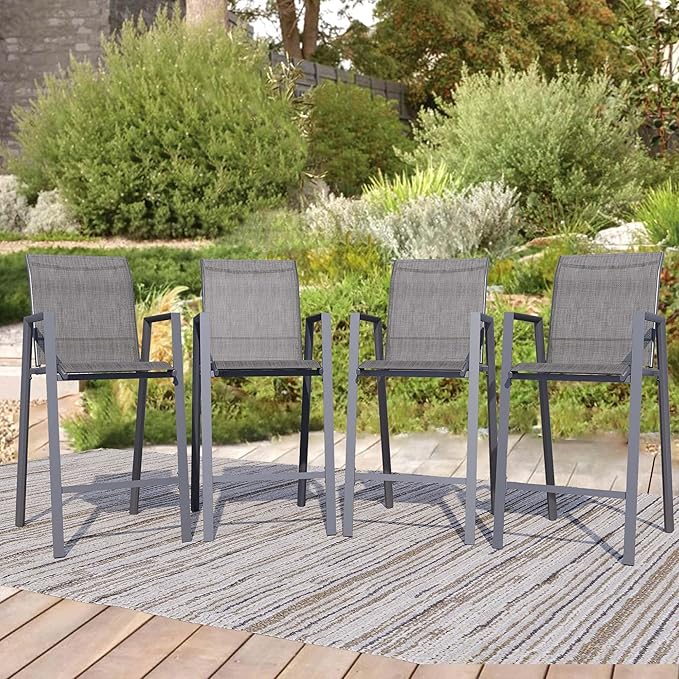 Outdoor Bar Stools Set of 4, 44'' Patio Bar Chairs with Textile High Back, Bar Height Chairs with Straight Armrest and Footrest, Grey