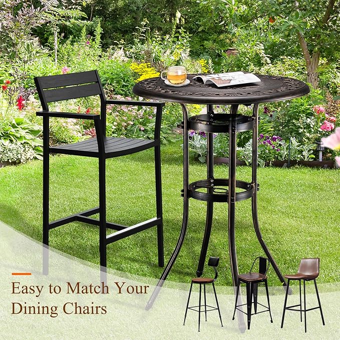 VINGLI Outdoor Bar Table, Cast Aluminum Bar Height Patio Table with Umbrella Hole, Patio Dining Table Tall Bistro Table Outdoor Furniture for Garden Porch Yard and Balcony 32" Dia x 41 H (Bronze)…