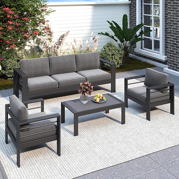 Solaste Aluminum Patio Furniture Set for All Weather, Oversized Metal Outdoor Furniture Set with 27.5" Deep Seating and 3.2" Wide Armrest, Outdoor Patio Conversation Sets with 10" Back Cushion, Gray