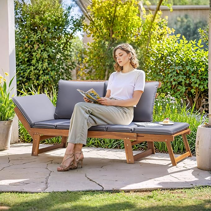 Greesum Patio Convertible Couch Sofa Bed with Adjustable Armrest, Acacia Wood Outdoor Daybed with Cushion & Pillow, Folding Chaise Lounge Bench for Porch Courtyard Poolside，Gray