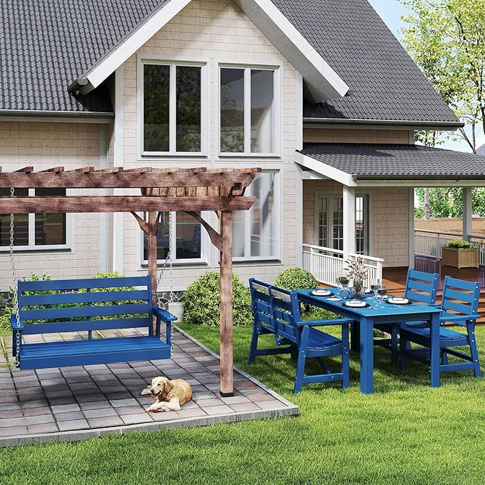 IVY&LANE Outdoor Porch Swing | HDPE Plastic | 2-Person | Hanging Bench Swings | Weatherproof | 4 Stainless Steel Chains | Blue | for Outside Patio Garden Backyard Tree