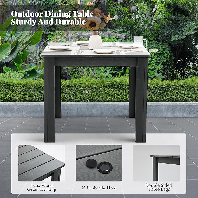 HDPE Outdoor Dining Set,5-Piece Outdoor Table and Chairs Include 4 Armchair Chairs and 35.5" Square Patio Dining Table with Umbrella Hole (Gray)