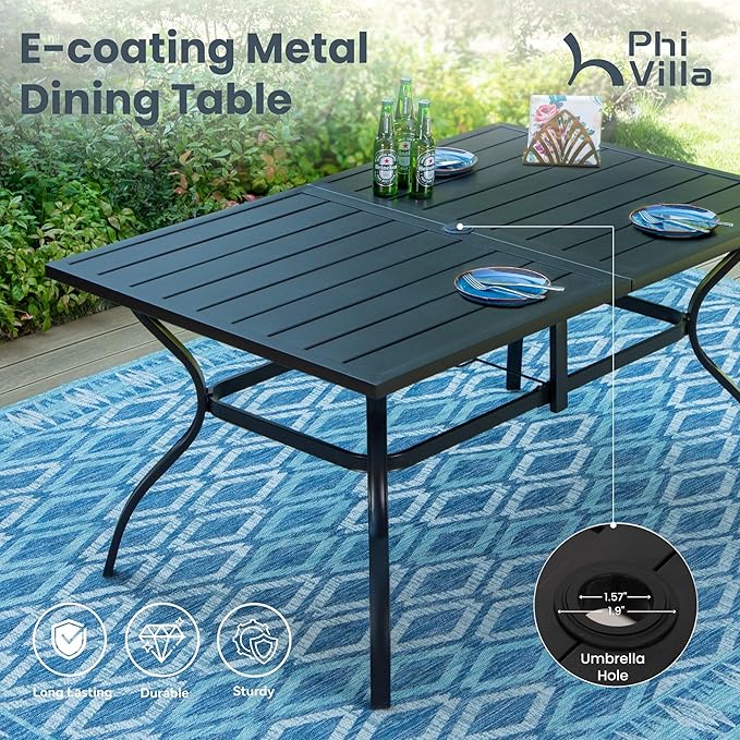 PHI VILLA Swivel Chair Patio Dining Set with 13ft Outdoor Orange Red Umbrella, 6 Padded Textilene Armrest Dining Chair and 1 Large Metal Table, Outdoor Table Chair Dining Set for Patio Lawn Garden