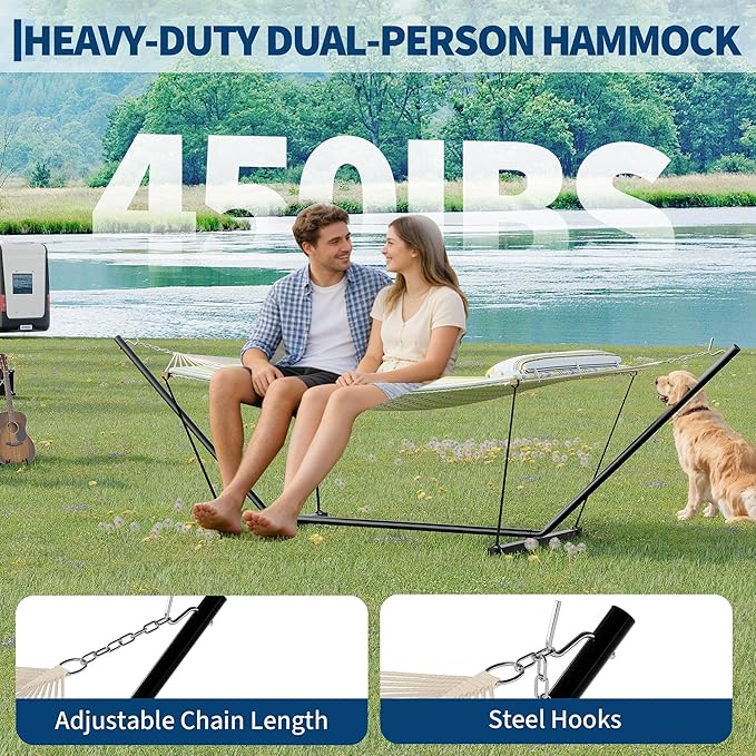 Double Hammock with Heavy-Duty Steel Stand, 2 Person Portable Hammock, 450LBS Max Weight Capacity, Easy Assembly, Ideal for Indoor, Backyard, Camping & Outdoor Use