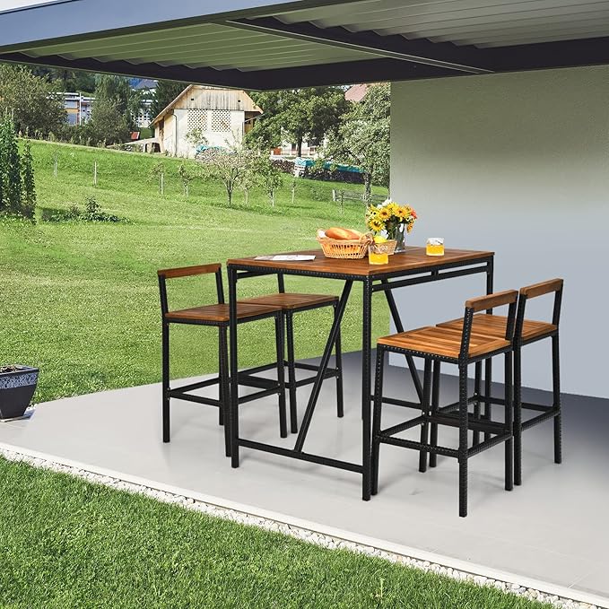 HAPPYGRILL 5 Pieces Patio Bar Table Set with Umbrella Hole Acacia Wood High-Dining Bistro Set with 4 Bar Stool, PE Wicker Outdoor Bar Set