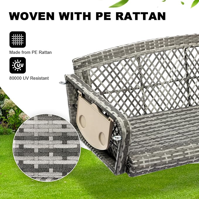 Outdoor Wicker Patio Porch Swing - 3 Person Swing Outdoor Hanging Porch Swing Seat Bench with Chains for Yard, Deck, Garden (Grey Rattan Black Cushion)