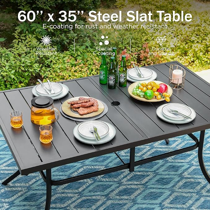 PHI VILLA Outdoor Dining Set for 6, All-Weather Patio Table and Chairs Set with Umbrella for 6, Heavy Duty Rectangle Patio Table Set for Deck, 6 Extra Large Outdoor Swivel Chairs with Thick Cushions