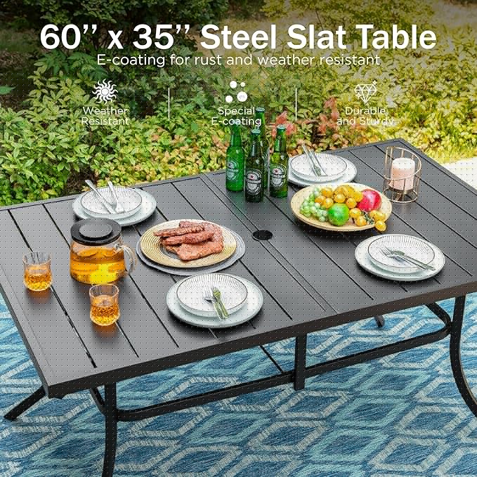 PHI VILLA Outdoor Dining Set for 6 Person, Rectangle Metal Slat Table with Umbrella Holes and 6 High Back Fixed Chairs All Weather Patio Table and Chairs for Deck Garden Yard
