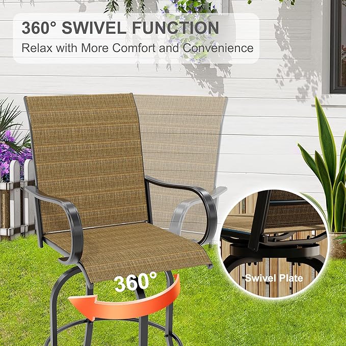 GarveeLife 4 Piece Outdoor Swivel Bar Chairs, Patio High Swivel Bar Stools, All Weather High Back and Armrest Patio Chairs, Outdoor Rotating BarChair Counter Height for Deck Lawn Garden Backyard