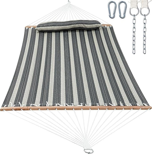 2 Person Hammocks for Outside, Double Quilted Fabric Outdoor Hammock with Spreader Bar, Large Removable Pillow, Storage Pockets, Carabiners, Max 475 lbs Capacity (Mountain Mist Gray)
