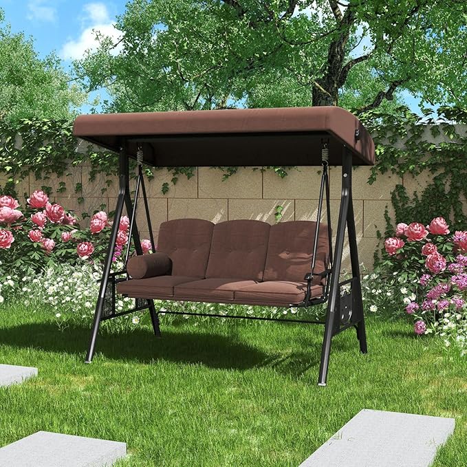 AECOJOY Outdoor Porch Swing, 3-Seat Porch Swing with Adjustable Canopy, Outdoor Swings for Adult with Brown Removable Cushions for Backyard, Garden, Yard, Poolside, Balcony