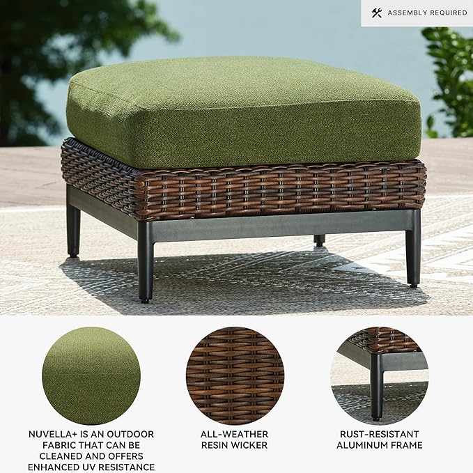 Signature Design by Ashley Horizon Hall Casual Nuvella Weather Resistant Fabric Square Outdoor Ottoman with Cushion, Green & Light Brown