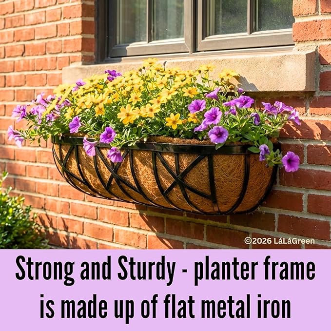 LaLaGreen 30 Inch, 4 Pack Window Boxes Planters – Black Metal Window Boxes for Outdoor Plant, Wall Mount Flower Pot with Coco Coir Liner, Attach to House Fence Balcony Herb for Patio Porch Garden