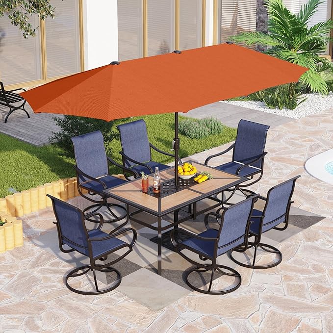 PHI VILLA Patio Dining Set with Umbrella for 6 Person, Outdoor Swivel Dining Chairs & 1 Large Wooden-Like Top Table with 13ft Orange Red Outdoor Umbrella(No Base) for Deck Lawn Garden Backyard