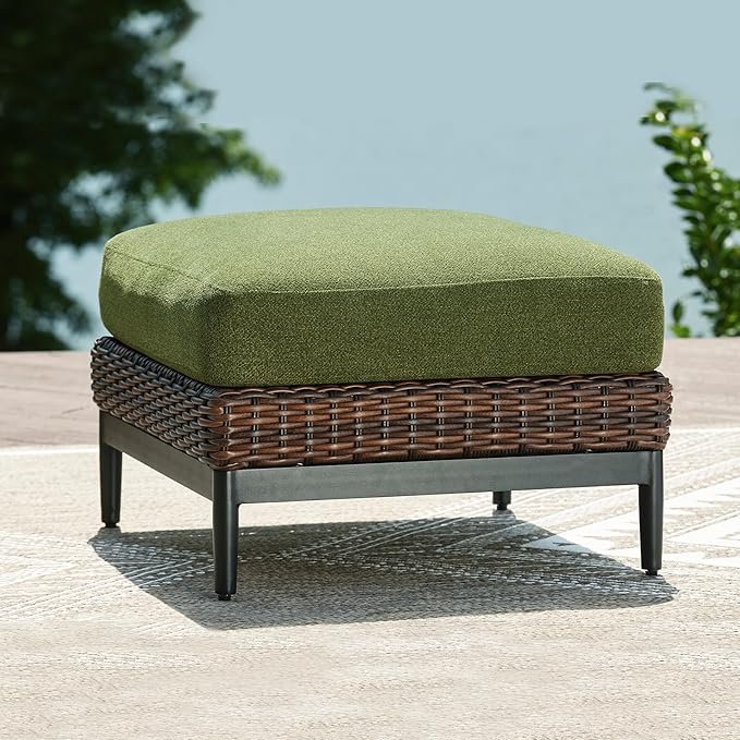 Signature Design by Ashley Horizon Hall Casual Nuvella Weather Resistant Fabric Square Outdoor Ottoman with Cushion, Green & Light Brown