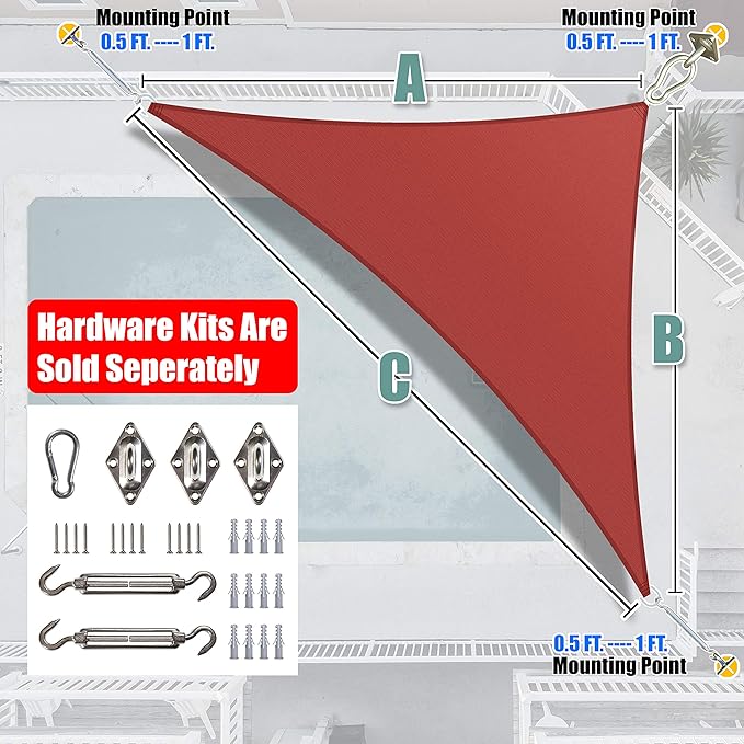 Amgo 16' x 16' x 22.6' Red Right Triangle Sun Shade Sail UPF50+ Canopy Awning AGSLT, 95% UV Blockage, Water & Air Permeable, 200GSM Heavy Duty Commercial and Residential (We Make Custom Sizes)
