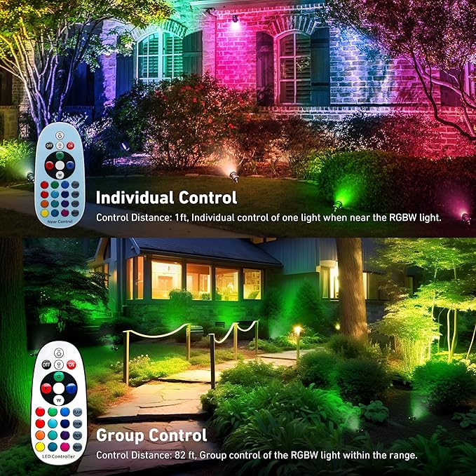 Christmas Landscape Lights 12W RGBW Outdoor Spot Lights for Yard, Low Voltage LED Landscape Spotlight with Remote Control, IP65 Waterproof Yard Spotlgiht for Lawn, Garden, 2 Pack