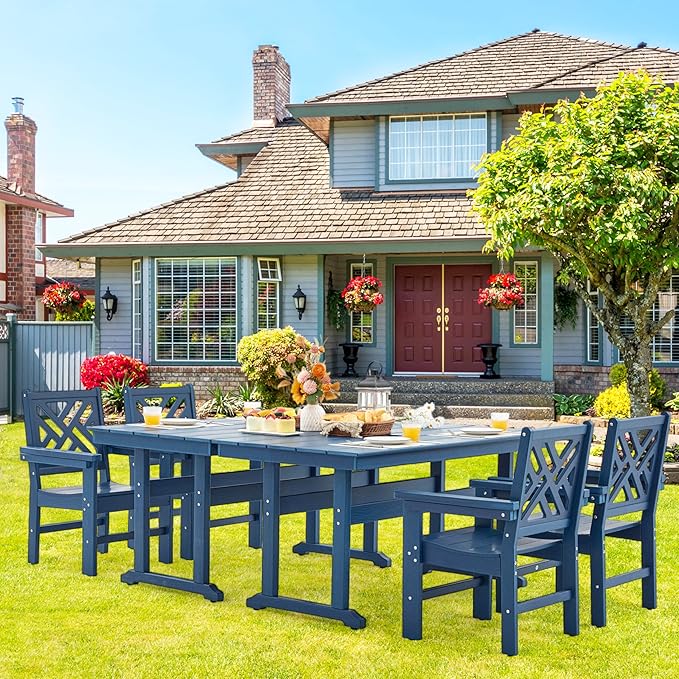 HDPE Outdoor Dining Set,6-Piece Outdoor Table and Chairs Include 4 Dining Chairs and 2 Pcs 62.5" Patio Dining Table with Umbrella Hole (Blue)