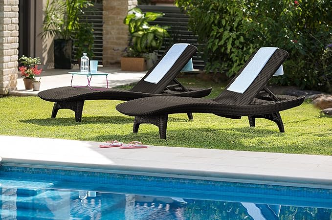 Keter Set of 2 Pacific Sun Lounge Chair Outdoor Chaise Pool Chairs with Resin Rattan Look and Adjustable Back