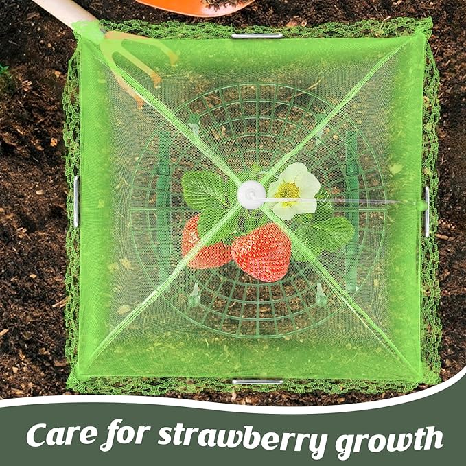 4 Sets Strawberry Plant Support with Mesh Plant Cover,Strawberry Growing Racks Sets with Iron Plant Nails and Storage Bag for Garden Strawberry Vegetables(Green Net - Round)