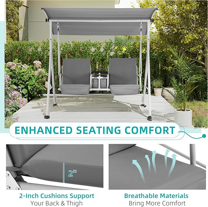 HOMREST 2 Seat Outdoor Porch Swing,Patio Swing with Adjustable Canopy, Heavy Duty 650 LBS Outdoor Swing with Pivot Storage Table & 2 Cup Holders & Cushions for Yard, Lawn, Backyard, Grey