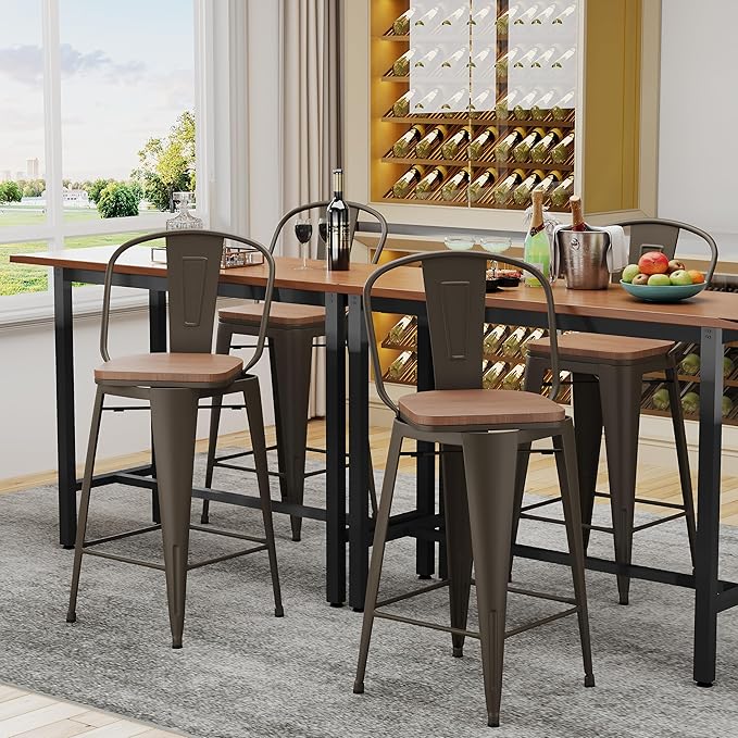 Alunaune 30" Swivel Metal Counter Height Bar Stools Set of 4 High Back Industrial Bar Chairs Kitchen Barstools with Large Wooden Seat-Rusty