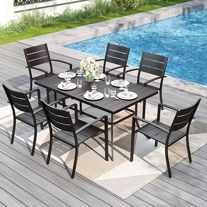 PHI VILLA 7 Pieces Outdoor Patio Dining Set for 6, 59”Rectangular Metal Steel Table with Umbrella Hole & Stackable Wrought Iron Chairs, Outside Furniture Set for Deck, Porch, Backyard