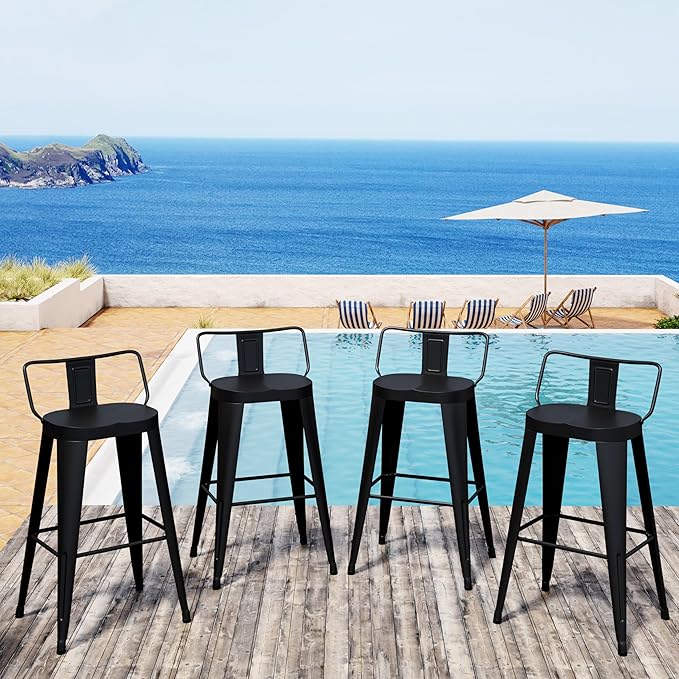 Aklaus Metal Bar Stools Set of 4 Counter Height Bar Stools for Kitchen Island Farmhouse Barstools with Removable Back 30" Indoor Outdoor Barstools, Matte Black
