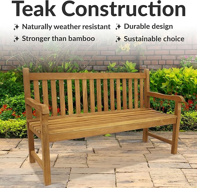 Sunnydaze 2-Person Outdoor Bench for Front Porch or Park - Wooden Teak Patio Garden Bench with Backrest - 675 lb Weight Capacity - Mission