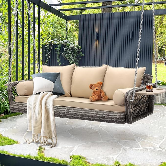 Outdoor Wicker Patio Porch Swing - 3 Person Swing Outdoor Hanging Porch Swing Seat Bench with Chains for Yard, Deck, Garden (Grey Rattan Khaki Cushion)