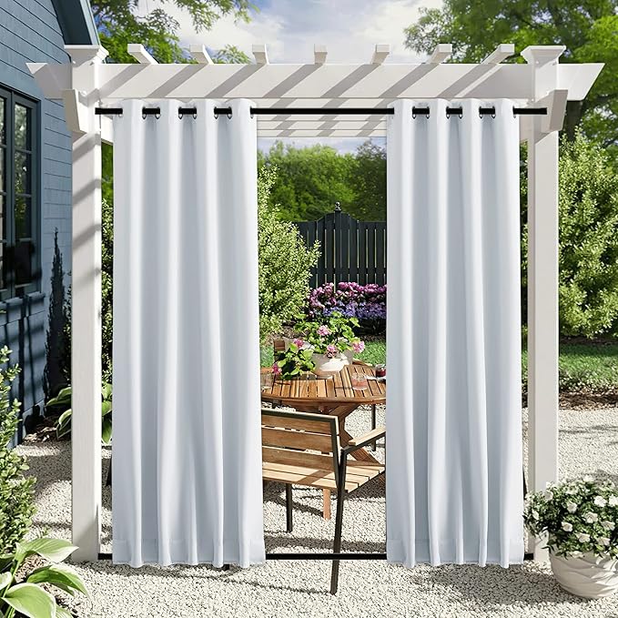 NICETOWN 2 Panels Outdoor Curtains for Patio Waterproof with Grommet & Back Tab on top and Bottom, Windproof Privacy Sound & Light Reducing for Gazebo with Fixed Rope, W46 x L63, Greyish White