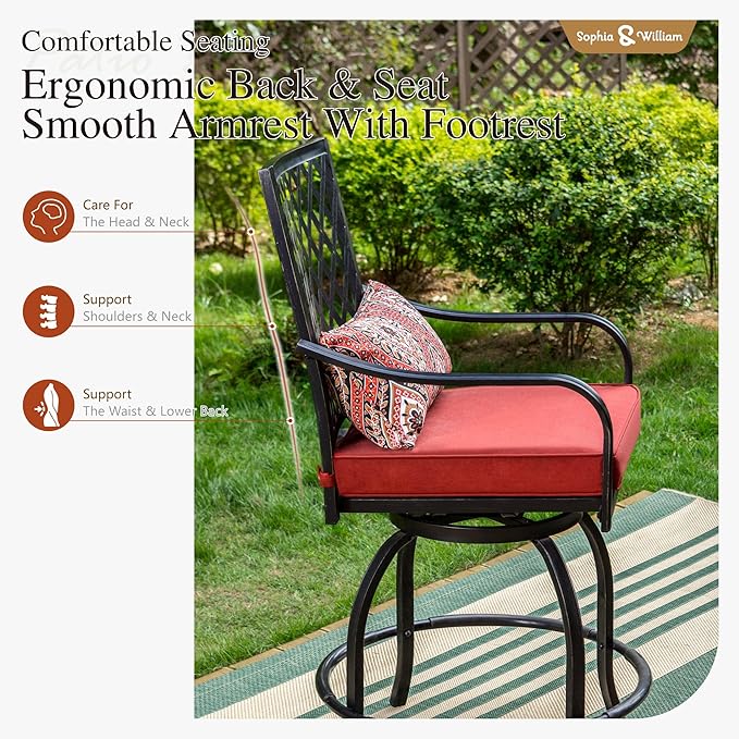 Sophia & William 7-Piece Outdoor Bar Set, Bar Height Patio Table and Chairs for 6, 6 Outdoor Swivel Bar Stools with Red Cushion and 1 Rectangular Bar Height Table