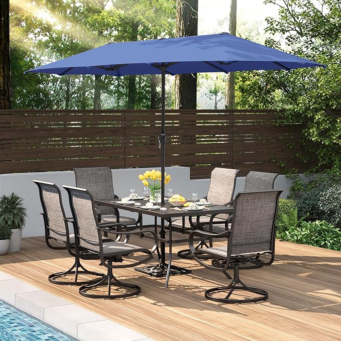 PHI VILLA 8 Piece Patio Dining Set with 13ft Patio Umbrella (Haze Blue), 6 Outdoor Swivel Dining Chairs with Round Base & 1 Large Metal Dining Table with 1.9" Umbrella Hole, for Lawn Garden Backyard