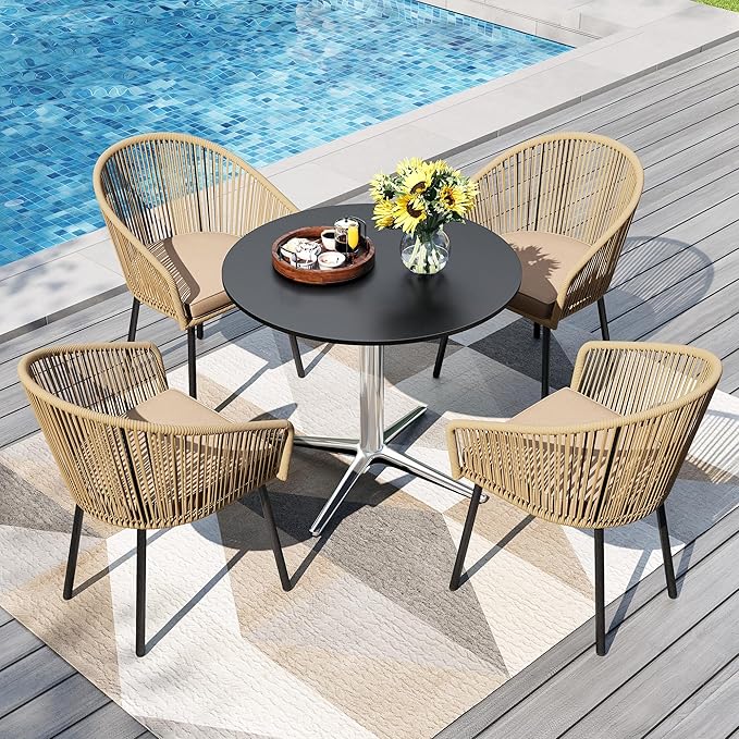 PHI VILLA 5 Pieces Outdoor Small Dining Set for 4, 30" Round Metal Pedestal Table with & Brown Wicker Chairs with Cushions, Modern Outside Dining Bistro Furniture for Patio, Deck, Backyard, Porch