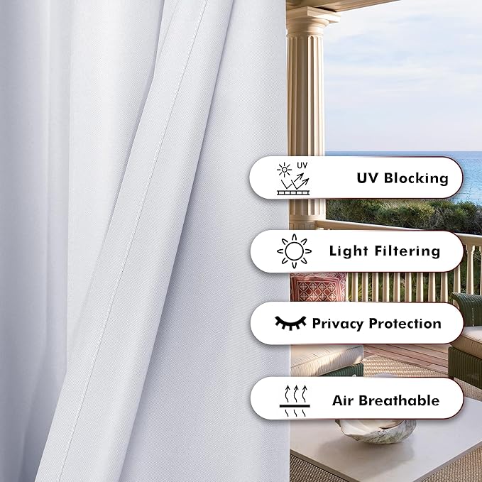 BONZER Outdoor Curtains for Patio Waterproof Thick Privacy Grommet Light Filtering Outside Curtains for Porch Pergola Gazebo Deck, 1 Panel, 54W x 120L inch, White