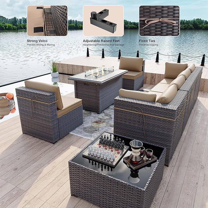 Kullavik 8 Pieces Outdoor Patio Furniture Set,Sectional Sofa Set with 43" 55000 BTU Gas Propane Fire Pit Table,Brown PE Rattan Wicker Patio Conversation Set,Sand
