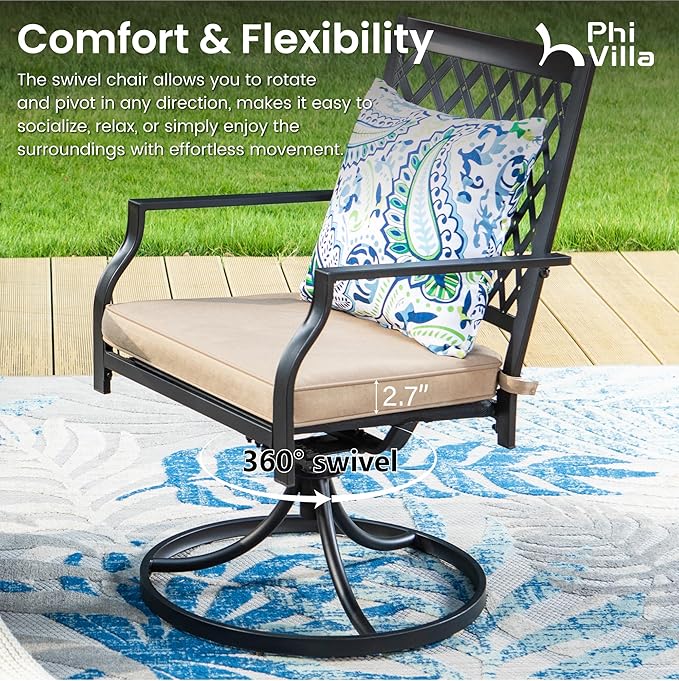 PHI VILLA 7 Pieces Outdoor Dining Set for 6, 59" Rectangle Wrought Iron Table with Umbrella Hole & Swivel Fixed Chairs with Cushions, Modern Metal Furniture for Patio, Deck, Yard, Porch