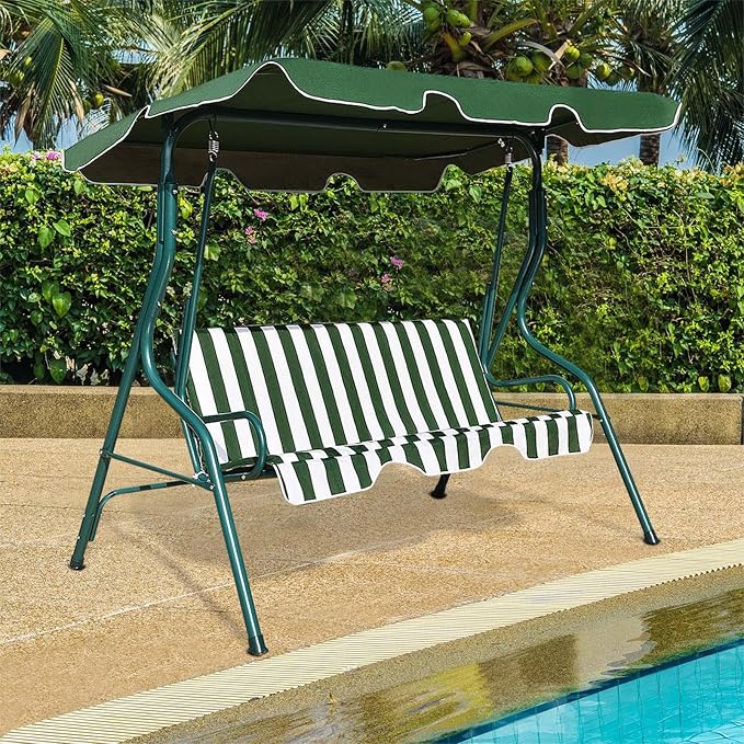 Porch Swing Outdoor, 3 Person Patio Swing w/Removable Cushion, Stand & Adjustable Canopy, Heavy Duty Swing Chair for Patio, Garden, Courtyard, Poolside