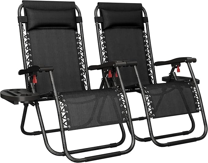 Yaheetech 26" Zero Gravity Recliners Outdoor Adjustable Folding Reclining Lounge Chairs w/Pillows, Cup Holder Trays and Carry Strap for Patio Backyard Beach New Black Set of 2