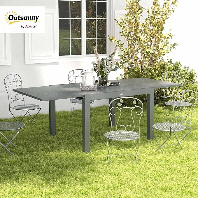 Outsunny Extendable Outdoor Dining Table, 41"- 83" Aluminum Frame Patio Table with Wood Effect Steel Top, Rectangle Expandable Patio Table for 6-8, Dark Gray