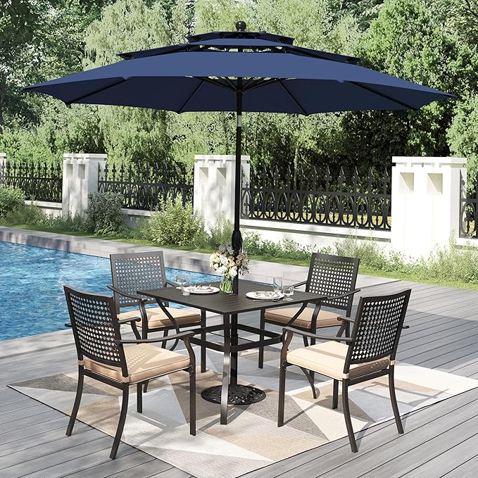 PHI VILLA 5 Pieces Outdoor Dining Set for 4 with 10ft Umbrella, 37" Metal Square Table & Stackable Wrought Iron Chair with Cushions & Blue Umbrella, Modern Furniture Set for Patio, Deck, Yard, Porch