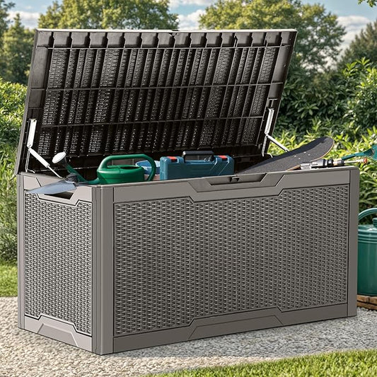 YITAHOME 100 Gallon Resin Deck Box, Weather Resistant Outdoor Storage Box, Lockable Indoor Outdoor Storage for Supplies and Essentials, Taupe