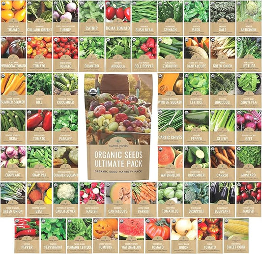 Organic Seeds Ultimate Variety Pack - 60 Individual Packs - 2026 Season - Genovese Basil, Nantes Carrot, Roquette Arugula and More! for Indoor & Outdoor Planting (Non-GMO, Certified Organic)