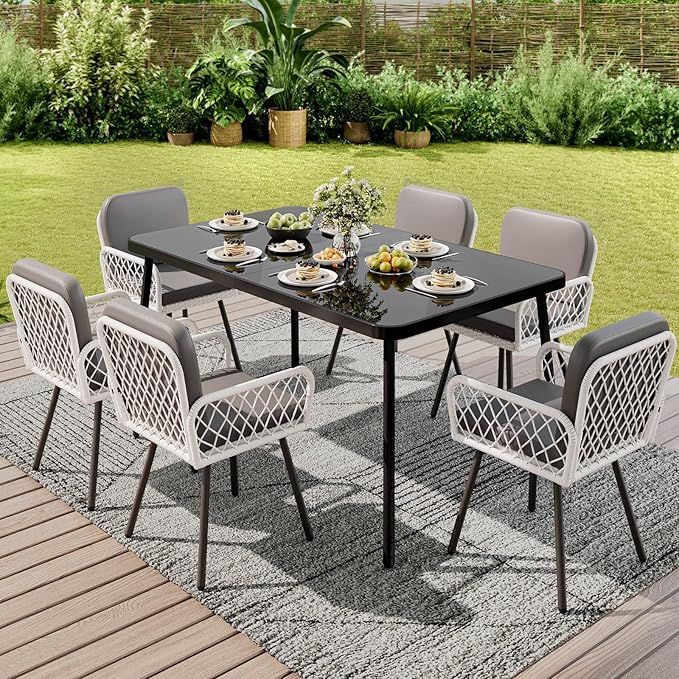 GarveeLife 7 Piece Patio Dining Set, Outdoor All-Weather Wicker Furniture with Table, Patio Conversation Sets with Cushions for Balcony, Garden, Sunroom, Porch