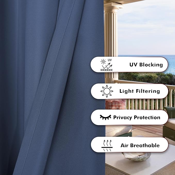 BONZER Outdoor Waterproof Curtains for Patio Extra Wide Grommet Light Filtering Outside Curtains for Gazebo, Porch, Pergola, Pavilion, 1 Panel, 150W x 108L inch, Navy