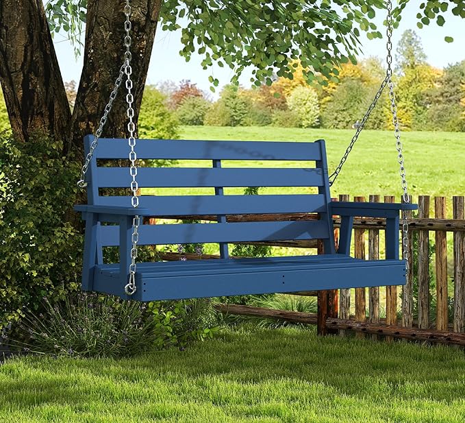 GREENVINES Porch Swing | 51’’ | HDPE Plastic | for Outdoor Patio | All Weather | Waterproof Bench Swings | w/ 4 Stainless Steel Chains | Blue