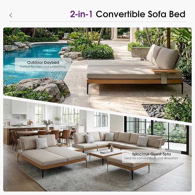 PURPLE LEAF Outdoor Daybed Patio Loveseat Sofa 2-Person Aluminum Chaise Lounge Cushioned Furniture Set with Tray and Wicker Armrest for Pool Garden Backyard Porch, Pillows Included