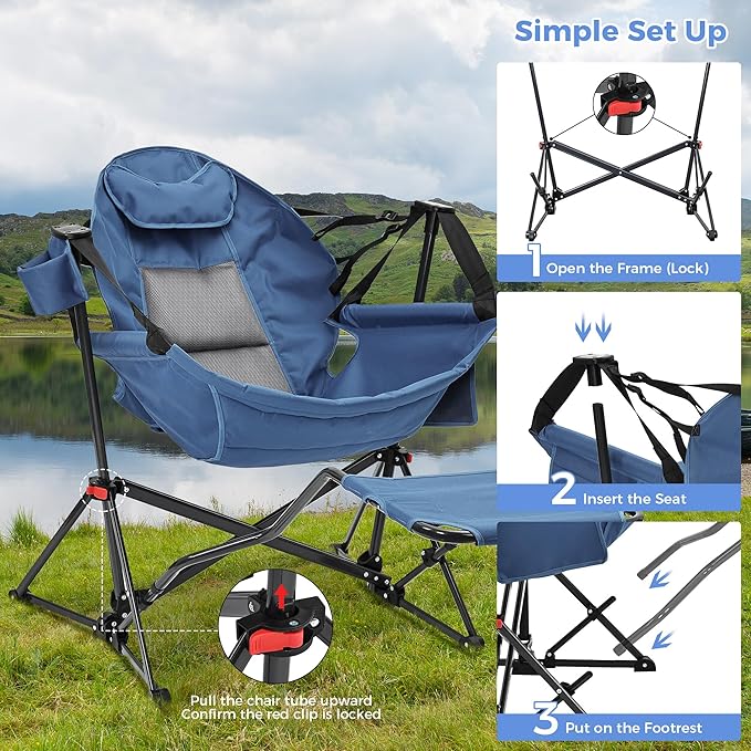 Ainfox Hammock Chair with Footrest, Oversized Swinging Portable Folding Camping Chairs for Adults Outside Swinging Camp with Cup Holder Pillow for Outdoor Patio Lawn Blue
