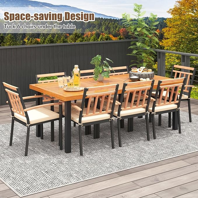 Tangkula 9 Pieces Patio Dining Set, Outdoor Acacia Wood Table and Chairs with Soft Cushions and 1.9” Umbrella Hole, Outdoor Patio Furniture Set for Garden, Deck and Backyard