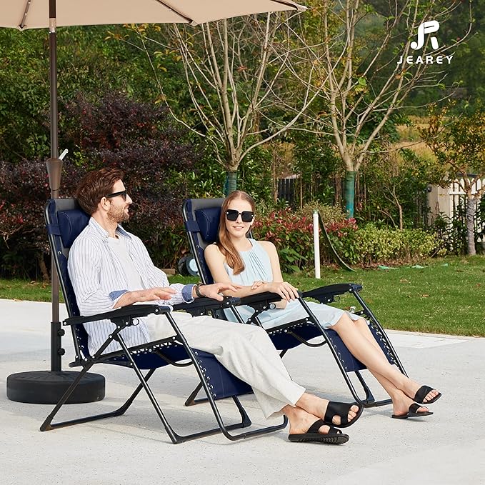 JEAREY Oversized Padded Zero Gravity Chairs, Folding Lounge Chair Outdoor Patio Recliner, Anti Gravity Chair for Backyard with Headrest, Cup Holder, Side Tray, Polyester Mesh - Navy/Gray